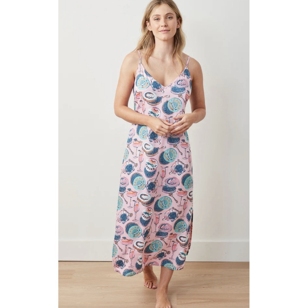 Printfresh Pink Blue Green Sleep Slip Dress with Shell Print
